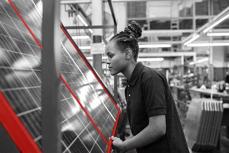 Solar panel worker inspecting a panel